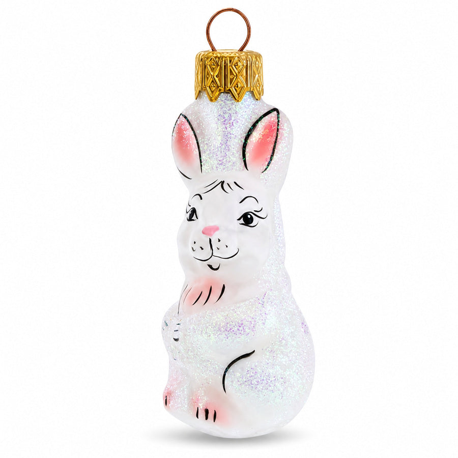 Tall Ear White Bunny Glass Christmas Ornament