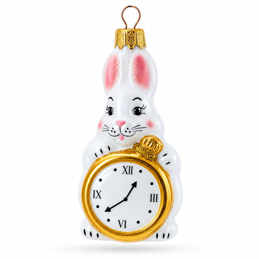 White Bunny with Timepiece Motif Glass Christmas Ornament