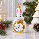 White Bunny with Timepiece Motif Glass Christmas Ornament