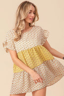 BiBi Flroal Printed Woven Color Block and Tiered Top