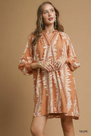 Umgee Leaf Print Notched Mini Babydoll Dress