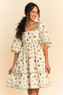 Davi & Dani Cactus Printed Poplin Contrast Piping Mini Dress