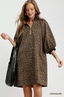 Umgee Leopard Print Quarter Zip Puff Sleeve Mini Dress