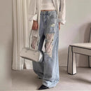 Women's Vintage Lace Stitching Ripped Jeans
