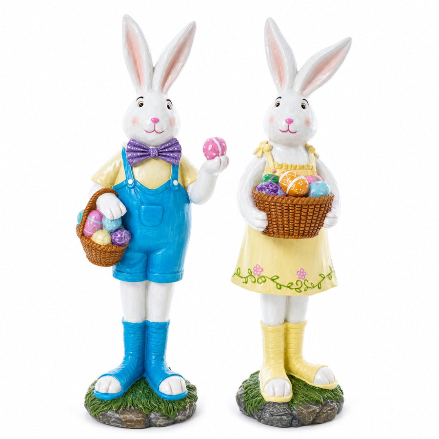 Set of 2 Resin Spring Bunnies With Eggs Figurine Centerpiece Display 12 Inches Tall