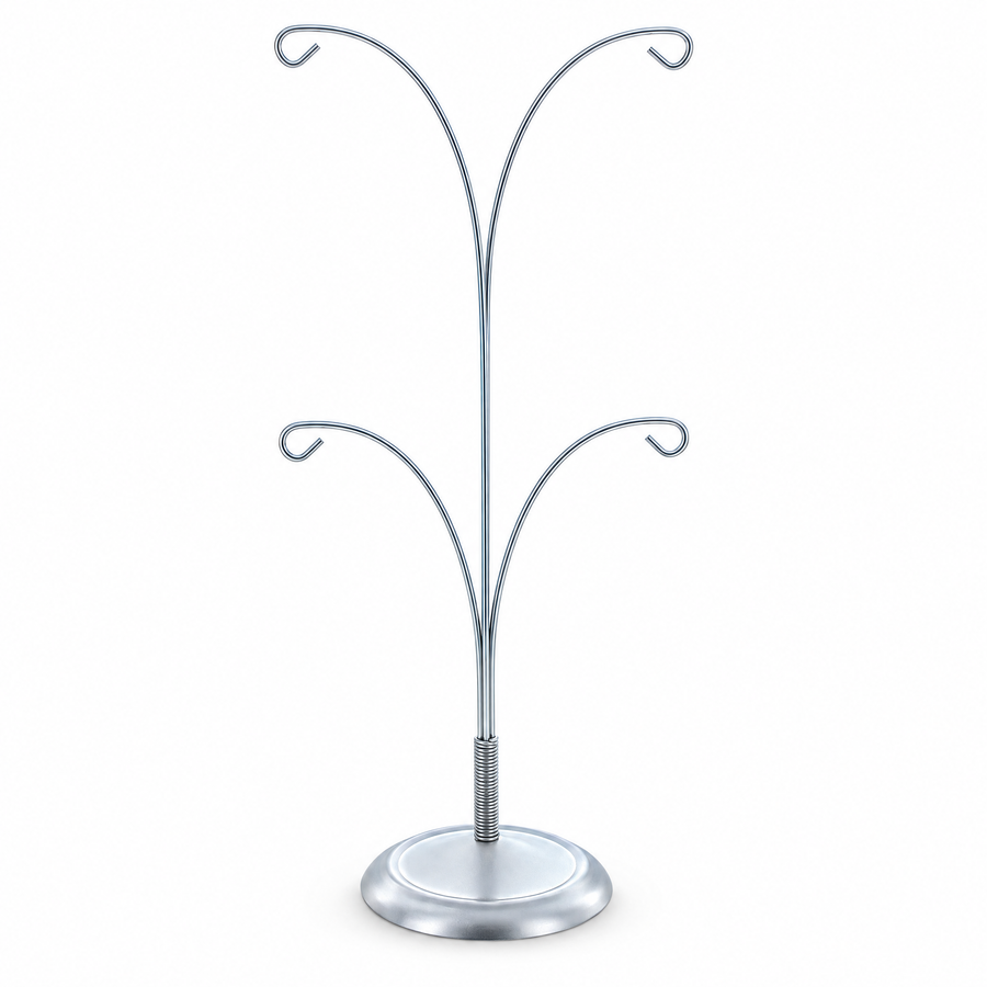 4-Arm Tree Branch Silver Metal Ornament Display Stand 12 Inches