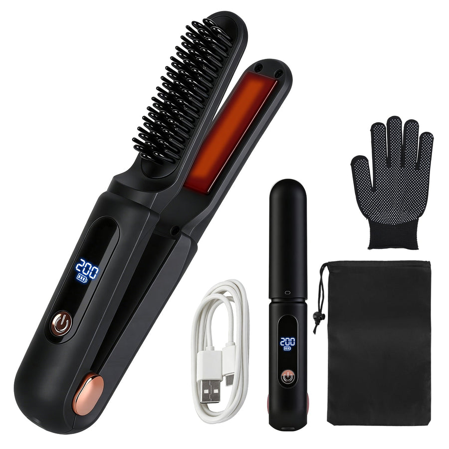 Cordless Hair Straightener Brush 2-in-1 Ceramic Flat Iron