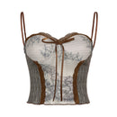 Women's Retro Printed Stitching Lace Chest Vest