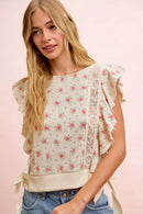 BiBi Flower Printed Ruffle Sleeve Trim Detail Top