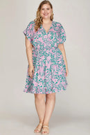 She + Sky Full Size Ruffled Hem Printed Surplice Kimono Sleeve Mini Dress Plus Size