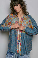 POL Patchwork Mixed Textured Paisley Floral Stripe Long Sleeve Shirt