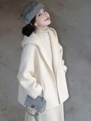 Womens White Hooded Double-Faced Wool Coat