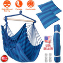 Hammock Hanging Chair Canvas Porch Patio Swing Seat Portable Camping Rope Seat Wooden Stick Hammock Chair with 2 Pillows 265LBS Load-bearing