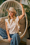 BiBi Flower Printed Ruffle Sleeve Trim Detail Top