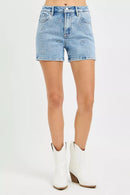 RISEN High Rise Denim Shorts with Embroidered Detail