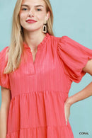 Umgee Puff Sleeve Tiered Babydoll Dress