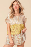 BiBi Flroal Printed Woven Color Block and Tiered Top