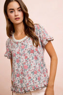 BiBi Rose Printed Slub Knit Ruffled Sleeves Top