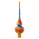 Poppy Flowers on Blue Mouth Blown Glass Christmas Tree Topper 11 Inches