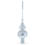 Dimensional White Jewels Star on Glossy Silver Mouth Blown Glass Christmas Tree Topper 11 Inches