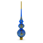 Golden Swirls on Blue Double Ball Blown Glass Christmas Tree Topper 16 Inches