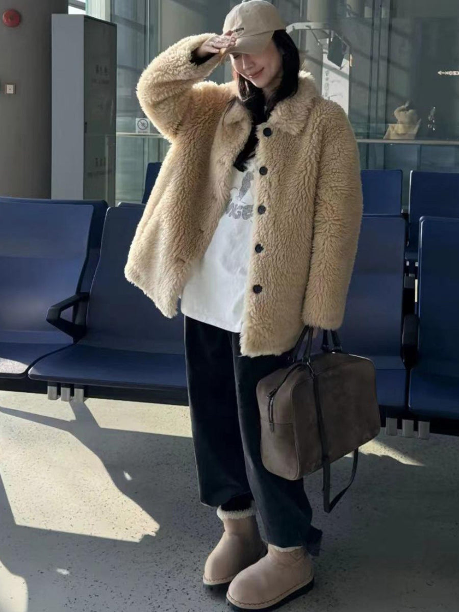 New Womens Wool Sheepskin Coat With A Lapel Collar