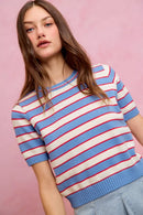 SO ME Stripe Knit Crew Neck Short Sleeves Sweater Top