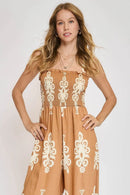 Umgee Full Size Smocked Printed Wide Leg Jumpsuit Plus Size