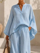 Full Size Notched Long Sleeve Top and Wide-Leg Pants Set Plus Size