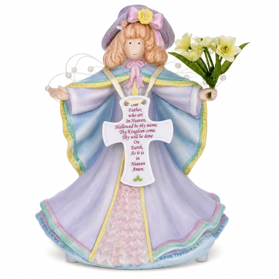 Angel with Cross Porcelain Musical Figurine - Lord's Prayer Decor 6.5 Inches