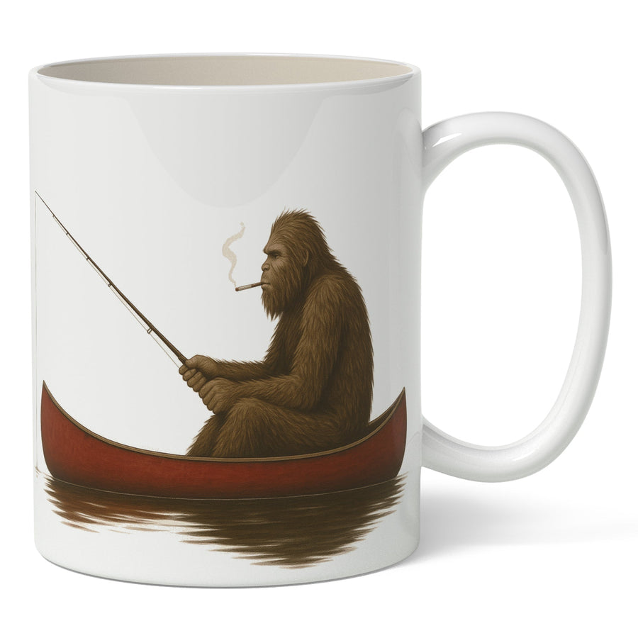 Bigfoot Fishing in a Canoe Mug