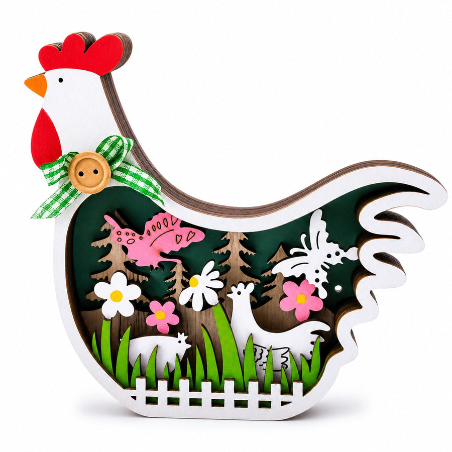 Chicken Shape Spring Garden with Butterflies and Chicks Wooden Figurine