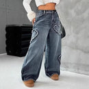 Street-style Washed-and-distressed Loose Straight-leg Pants
