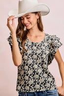 BiBi Floral Jacquard Ruffle Sleeves Knit Top