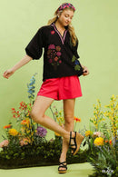 Umgee Embroidered Floral V-Neck Blouse