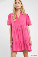 Umgee Linen Tiered Babydoll Dress with Scalloped Sleeves