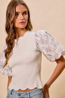 SO ME Floral Cotton Contrast Sleeves Scallop Sweater Top