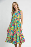 Umgee Ruffled Hem Printed Sleeveless Midi Dress