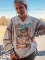 Cactus Motel Raw Cut V-neck Western Graphic Sweatshirt