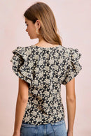 BiBi Floral Jacquard Ruffle Sleeves Knit Top