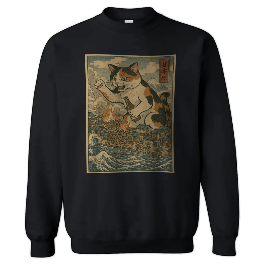 Cat Destroying City Ukiyo-E Crewneck Sweatshirt