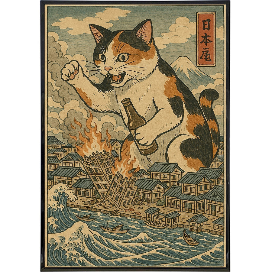 Cat Destroying City Ukiyo-E Original Poster Print