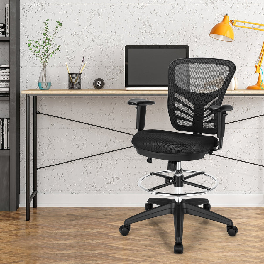 Mesh Drafting Chair Office Chair with Adjustable Armrests and Foot-Ring-Black