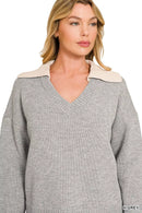 Zenana Dual-look Collared V-neck Sweater