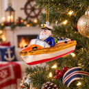 Captain Santa on a Boat Glass Christmas Ornament