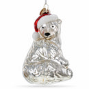 Polar Bear in Santa Hat Glass Christmas Ornament