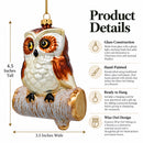 Wise Owl Sitting on a Branch Glass Christmas Ornament
