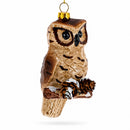 Wise Owl Perched on Branch Glass Christmas Ornament