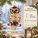 Wise Owl Perched on Branch Glass Christmas Ornament