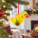 Yellow Duck Rolling on Wheels Glass Christmas Ornament